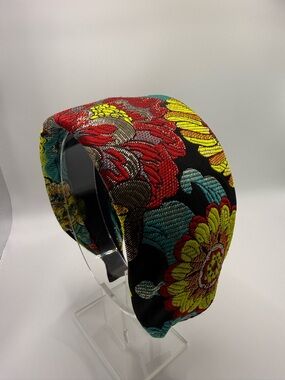 Floral Embroidered Wide Headband in Black, Red & Yellow Japanese Style